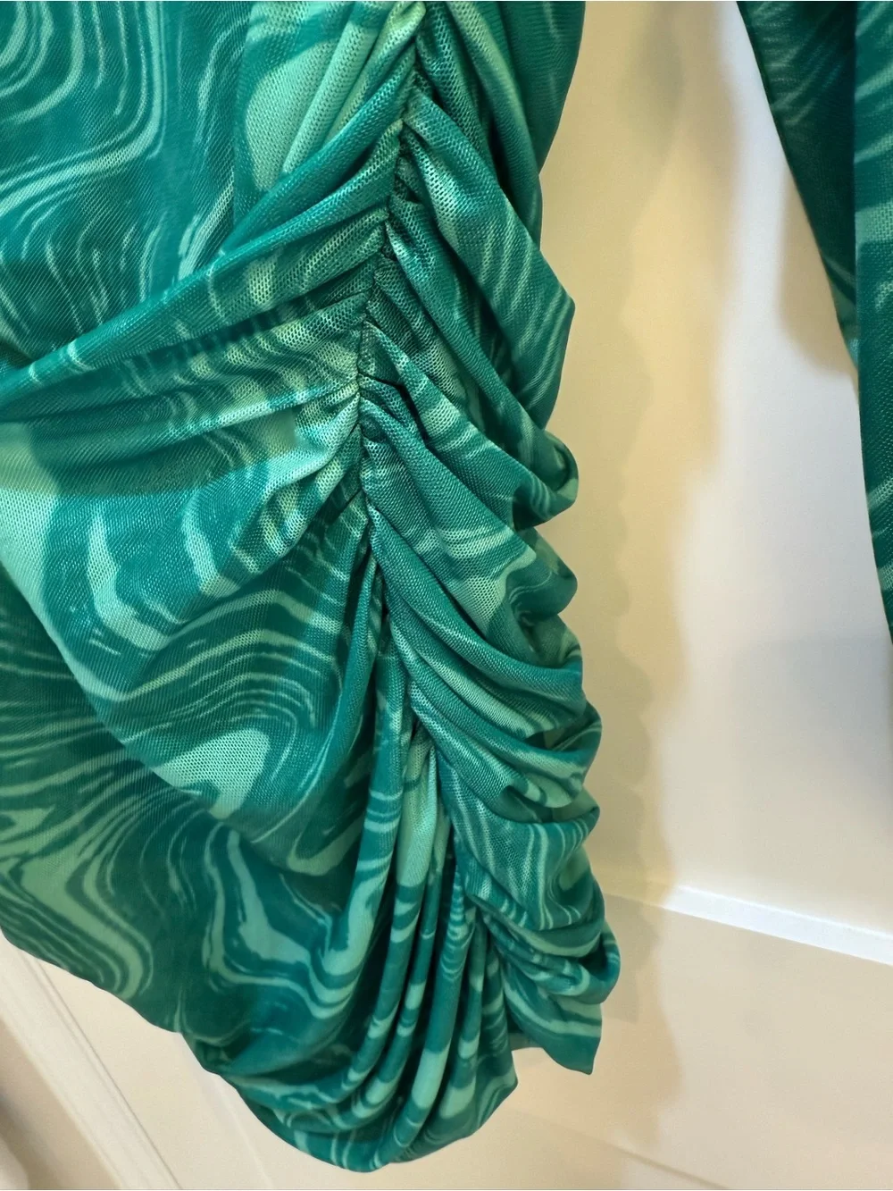 Luxxel Green Marble-Print Mini Dress with Bishop Sleeves